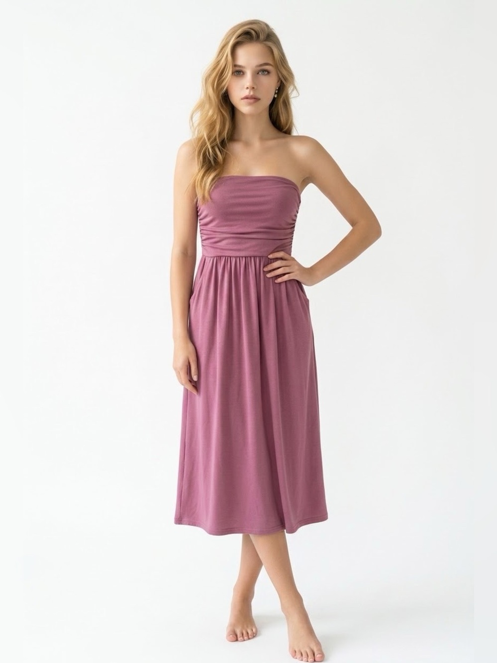 Grace Karin Strapless Midi Dress in Mauve Pink